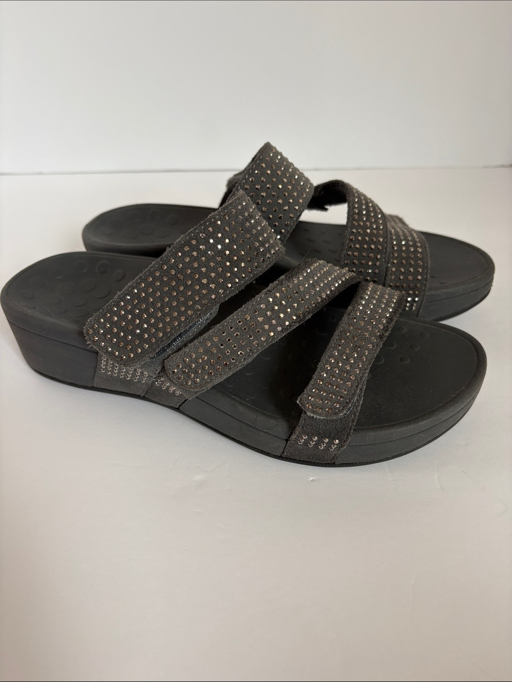 Vionic Alexis rhinestone-embellished gray suede slide sandal adjustable strap